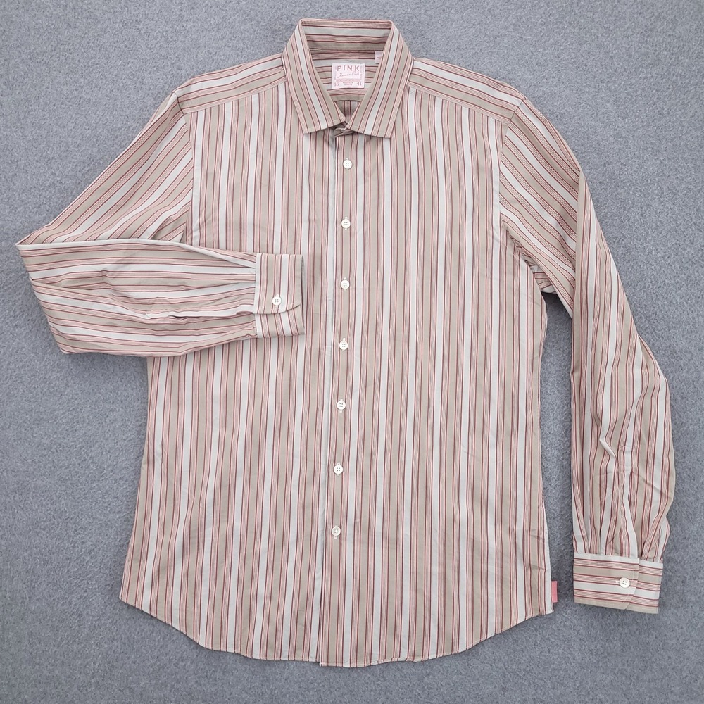 Thomas Pink Dress Shirt 16 35 Slim Fit Long Sleeve Gray Red Plaid Mens